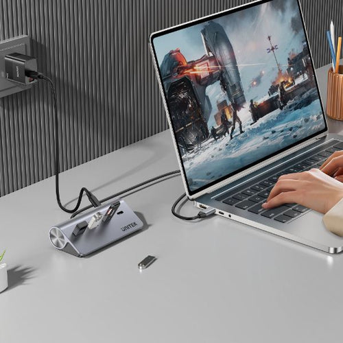 H1337A - UNITEK H1337A - 4-in-1 Multi-Port Hub w/ USB-C Connector. 2x USB-C 2x USB-A Ports. Supports 5Gbps