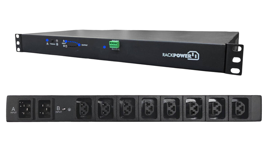 iPMTi08A2-02 - RackPower ATS: Automatic Transfer Switch, 2x IEC C20 16A inlets, 8x IEC CX (C13+C19) 16A outlets. RS485 & Modbus interface.
