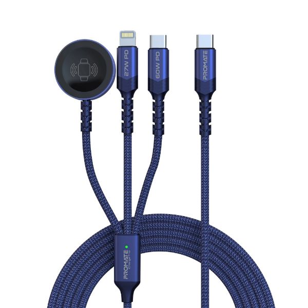 PROMATE ICHARGE-TRIO-BLU - 1.5M 5in1 Multi-Connector Charging Cable w/ Both USB-C & Lightning Connectors