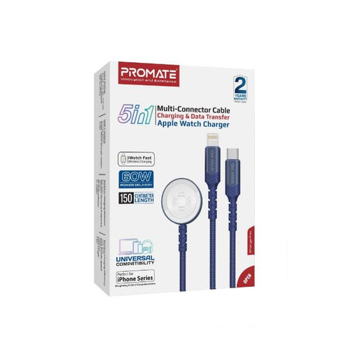 ICHARGE-TRIO-BLU - PROMATE ICHARGE-TRIO-BLU - 1.5M 5in1 Multi-Connector Charging Cable w/ Both USB-C & Lightning Connectors