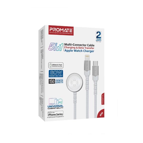 PROMATE ICHARGE-TRIO-WHT - 1.5M 5in1 Multi-Connector Charging Cable w/ Both USB-C & Lightning Connectors