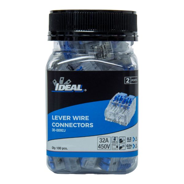 IDEAL INDUSTRIES IDL30-0092J - 32A 2 Port Wire Connector Gen II Lever 100pc Jar 0.2 mm2 to 4.0 mm2 Solid/Stranded Wire