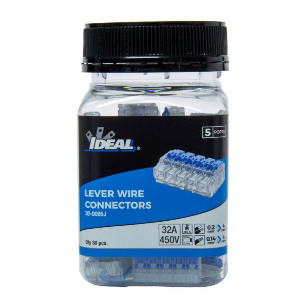 IDEAL INDUSTRIES IDL30-0095J - 32A 5 Port Wire Connector Gen II Lever 30pc Jar 0.2 mm2 to 4.0 mm2 Solid/Stranded Wire