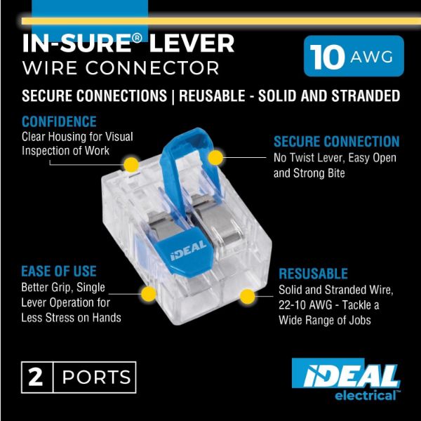 IDEAL INDUSTRIES IDL30-10L32JA - 30A 2 Port Wire Connector Lever. 40pc Jar. 0.5 mm2 to 6.0 mm2