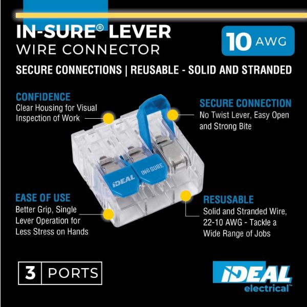 IDEAL INDUSTRIES IDL30-10L33JA - 30A 3 Port Wire Connector Lever. 30pc Jar. 0.5 mm2 to 6.0 mm2