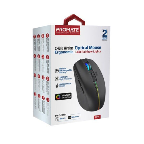 KITT-BLK - PROMATE KITT-BLK - Ergonomic Wireless Optical Mouse w/ LED Rainbow Lights & 500mAh Rechargable Battery