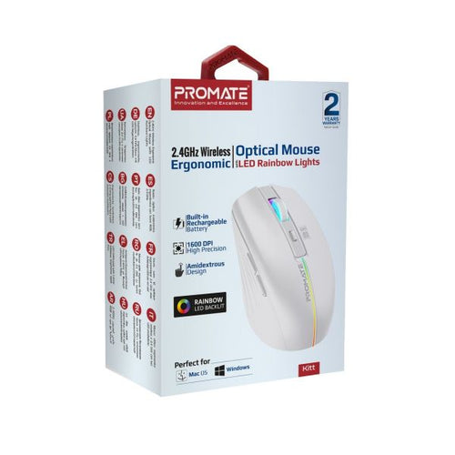 KITT-WHT - PROMATE KITT-WHT - Ergonomic Wireless Optical Mouse w/ LED Rainbow Lights & 500mAh Rechargable Battery