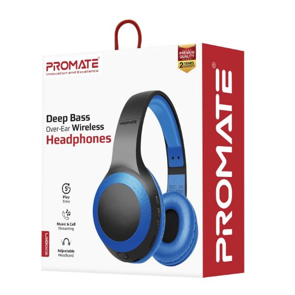 PROMATE LABOCA-BL - Deep Base Bluetooth V5.0 Wireless Over-ear Headphones. Up to 5 Hours Playback