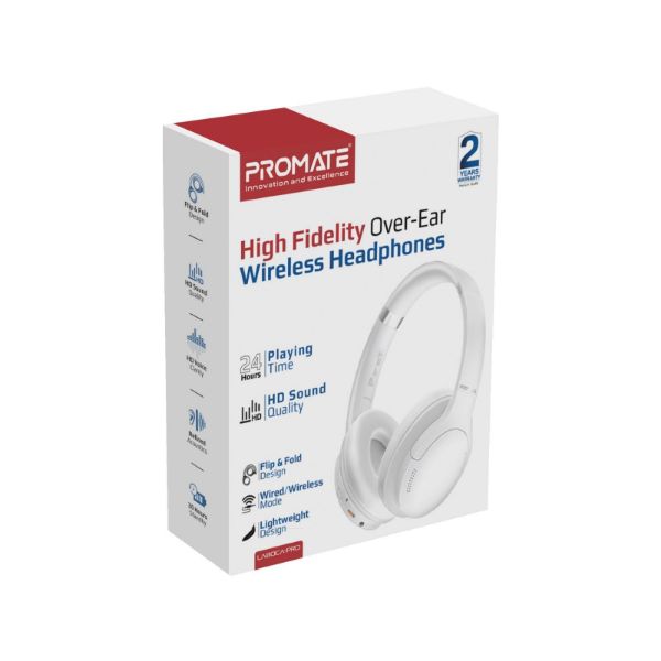 PROMATE LABOCA-PRO-WHT - High-Fidelity Stereo Deep Base Bluetooth Headphones. Up to 24 Hours Playing Time