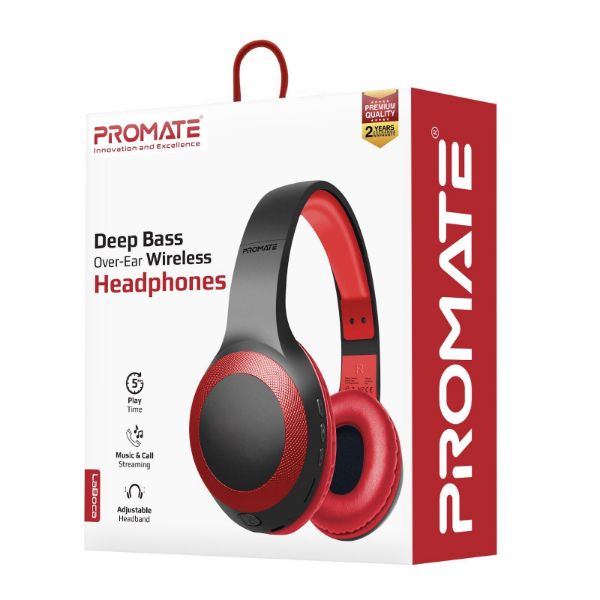 PROMATE LABOCA-RED - Deep Base Bluetooth V5.0 Wireless Over-ear Headphones. Up to 5 Hours Playback