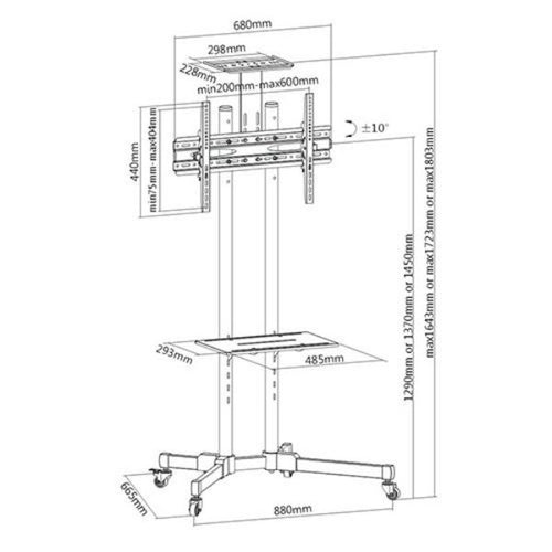 LCD-T1028B - BRATECK LCD-T1028B - 32''-70'' Economy TV Trolley Adjust TV Height w/ Metal Shelf. Max VESA: 600x400