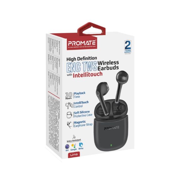 PROMATE LIMA-BLK - In-Ear HD Bluetooth Earbuds Intellitouch & 260mAh Charging Case. Ergonomic Fit