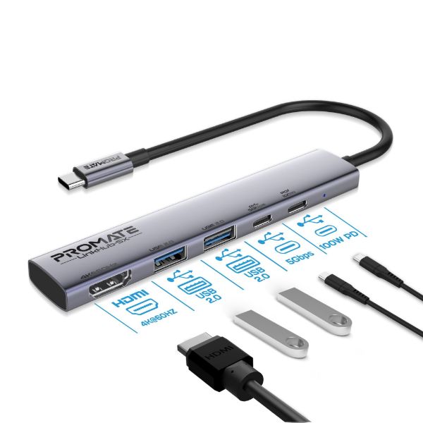 PROMATE LINKHUB-5X - 5-in-1 Multi-Port 100W PD Compact Hub w/ USB-C Connector 2x USB-A 10Gbps Ports & 2x