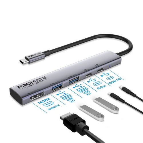 LINKHUB-5X - PROMATE LINKHUB-5X - 5-in-1 Multi-Port 100W PD Compact Hub w/ USB-C Connector 2x USB-A 10Gbps Ports & 2x