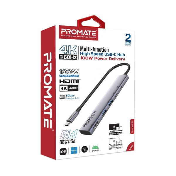 PROMATE LINKHUB-5X - 5-in-1 Multi-Port 100W PD Compact Hub w/ USB-C Connector 2x USB-A 10Gbps Ports & 2x