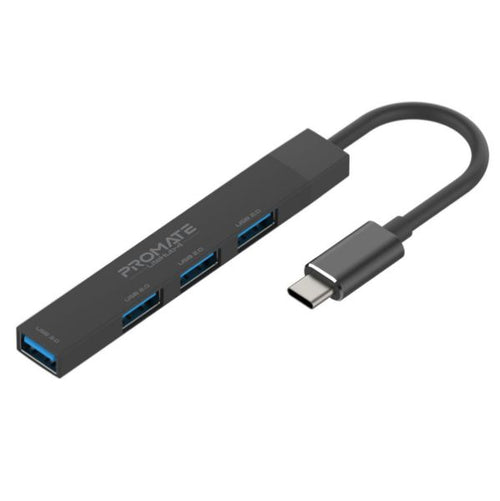 LITEHUB-4-BLK - PROMATE LITEHUB-4-BLK - 4-in-1 Ultra-Slim Multi Port Hub. USB-C & USB-A Adapter. 4x USB-A Ports