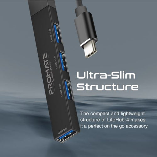 LITEHUB-4-BLK - PROMATE LITEHUB-4-BLK - 4-in-1 Ultra-Slim Multi Port Hub. USB-C & USB-A Adapter. 4x USB-A Ports