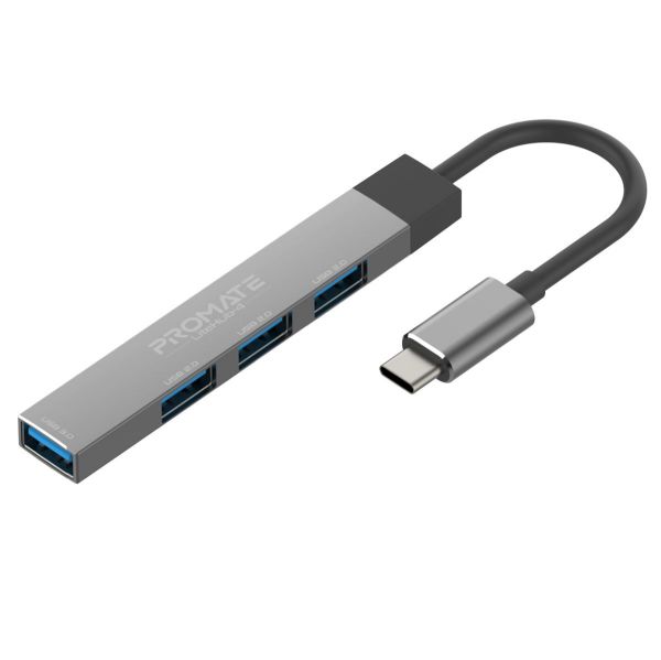 PROMATE LITEHUB-4-GRY - 4-in-1 Ultra-Slim Multi Port Hub. USB-C & USB-A Adapter. 4x USB-A Ports