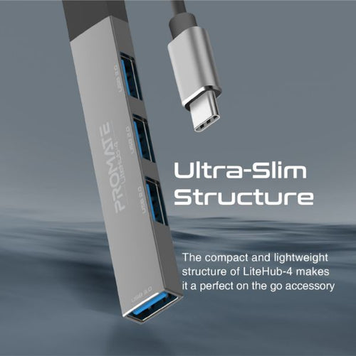 LITEHUB-4-GRY - PROMATE LITEHUB-4-GRY - 4-in-1 Ultra-Slim Multi Port Hub. USB-C & USB-A Adapter. 4x USB-A Ports