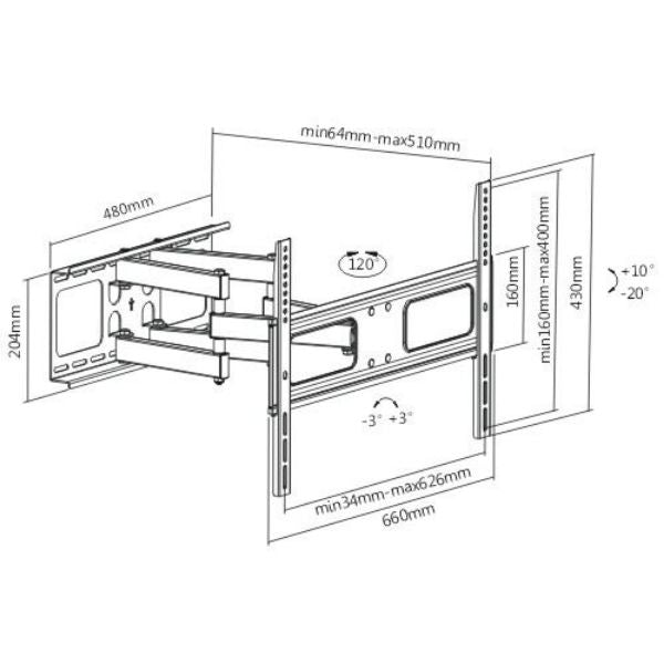 BRATECK LPA36-466 - 37''-70'' Full motion bracket Extend tilt & swivel VESA support up to: 600x400