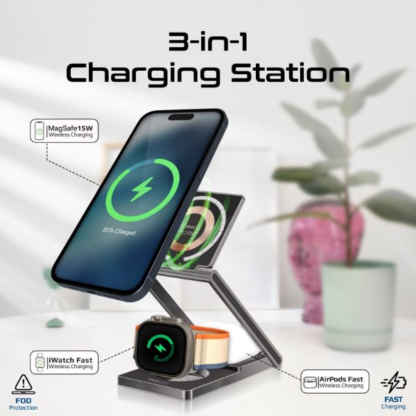 PROMATE LUCIDFOLD-TRIO - 3-in-1 Foldable 15W MagSafe Charging Station. 3W Apple Watch Charger