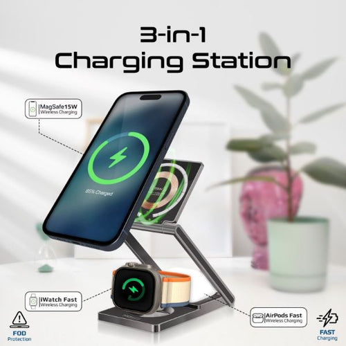 LUCIDFOLD-TRIO - PROMATE LUCIDFOLD-TRIO - 3-in-1 Foldable 15W MagSafe Charging Station. 3W Apple Watch Charger