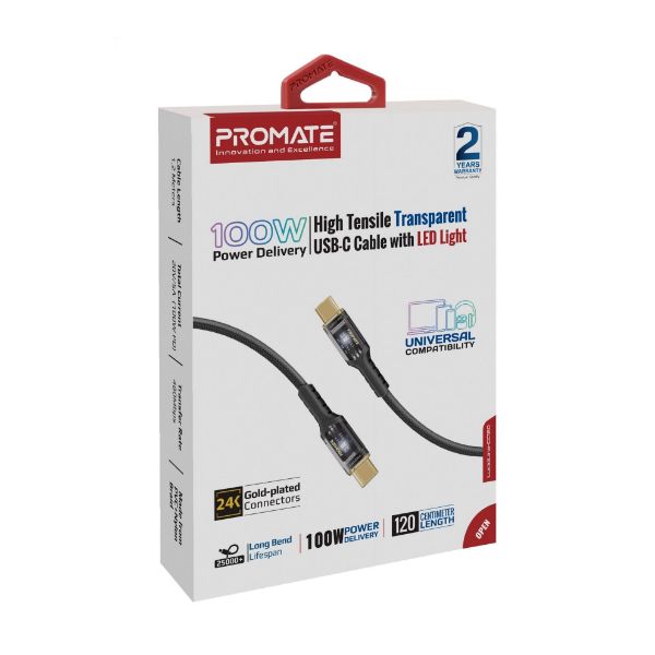 PROMATE LUCIDLINE-CC120B - 1.2m USB-C to USB-C Ultra-Fast 100W PD Cable w/ Transparent Connectors.