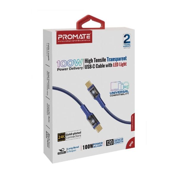 PROMATE LUCIDLINE-CC120N - 1.2m 100W PD USB-C to USB-C Ultra-Fast Cable 5A/20V Transparent Connectors. Suppor