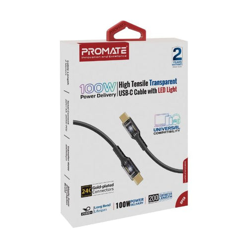 LUCIDLINE-CC200B - PROMATE LUCIDLINE-CC200B - 2m USB-C to USB-C Ultra-Fast 100W PD Cable w/ Transparent Connectors