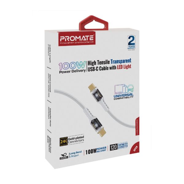 PROMATE LUCIDLINE-CC200W - 2m USB-C to USB-C Ultra-Fast 100W PD Cable w/ Transparent Connectors