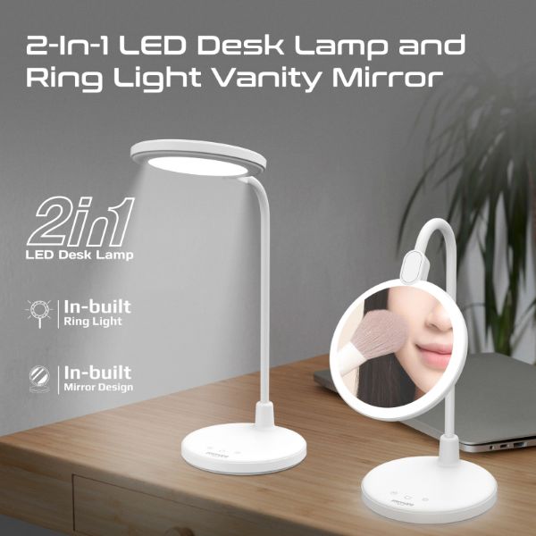 PROMATE LUXO - Flexible GooseneckLED Desk Lamp w RingLight Vanity Mirror & Touch Controls 3-LED Modes