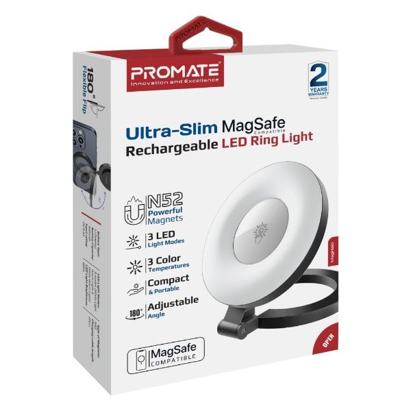 PROMATE MAGHALO - Ultra-Slim LED MagSafe Rechargeable Ring Light. 3 LED Modes 180 Degree Angle