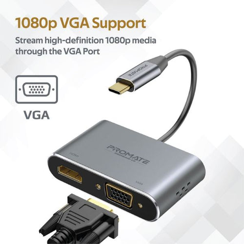 MEDIAHUB-C2-GRY - PROMATE MEDIAHUB-C2-GRY - USB-C Display Adapter w/ 4K UHD HDMI & 1080p VGA. Easy Instal Plug & Play. Grey