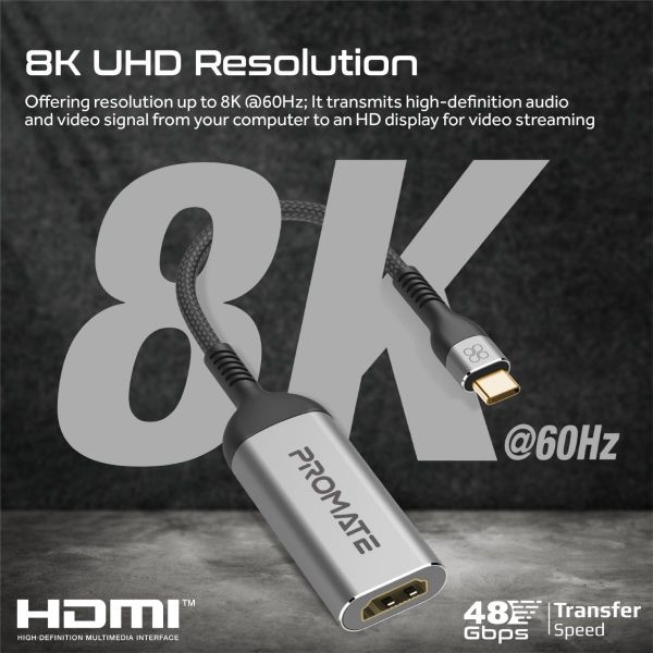 PROMATE MEDIALINK-8K - USB-C to HDMI Adapter Supports up to 8K@60Hz HD Res. Sturdy Aluminium Casing