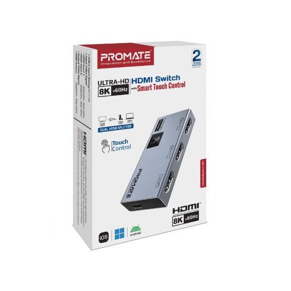 PROMATE MEDIASWITCH-2T - HDMI Switch w/ Smart Touch Control. 1x HDMI Output Port. 2x HDMI Input