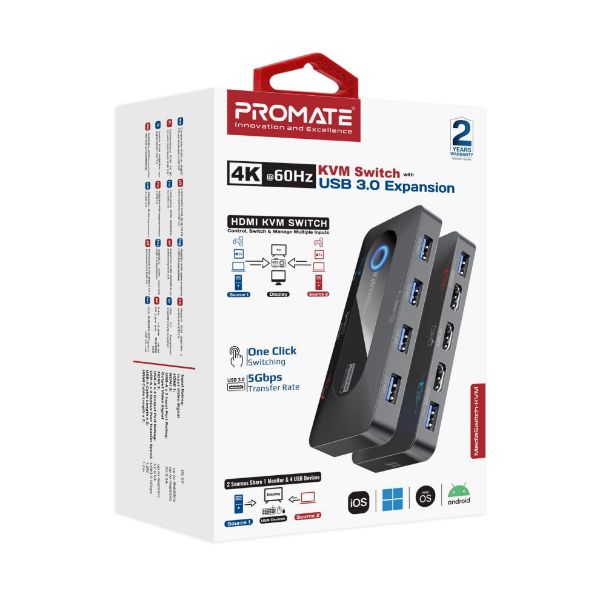 PROMATE MEDIASWITCH-KVM - KVM Switch w/ 4x USB-A 3.0 5Gbps Outputs & 4x HDMI 4K@60Hz Ports