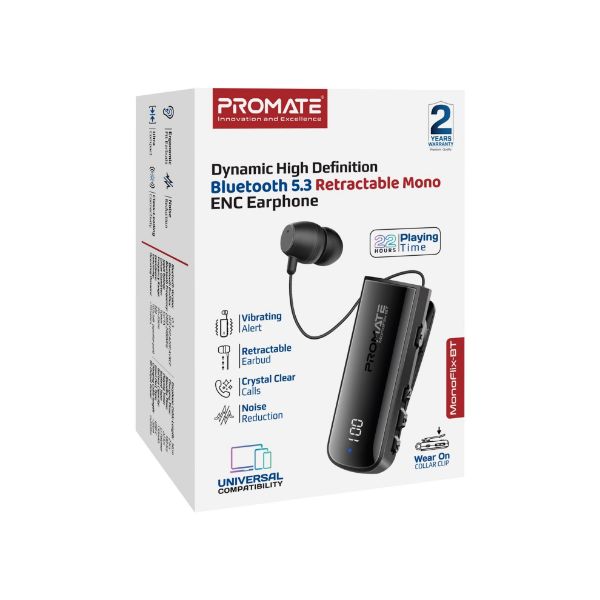 PROMATE MONOFLIX-BT - Mono Bluetooth Earphone w/ Dynamic HD Sound & Built-in Mic Retract Earphone