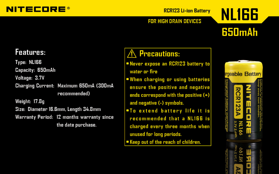 NL166 - NITECORE LI-ION RECHARGEBALE BATTERY RCR123A (3.7V; 650mAh)