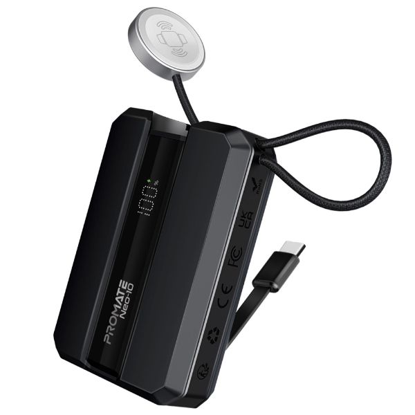 PROMATE NEO-10-BLK - 10000mAh 30W PD Ultra-Fast Power Bank w/ Built-in USB-C Cable & Apple Watch Charger