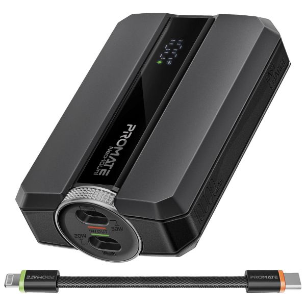 PROMATE NEO-10UNI-BLK - 10000mAh 30W PD Ultra-Fast Power Bank USB-C & Lightning Ports. Smart LED Screen