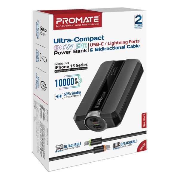 PROMATE NEO-10UNI-BLK - 10000mAh 30W PD Ultra-Fast Power Bank USB-C & Lightning Ports. Smart LED Screen
