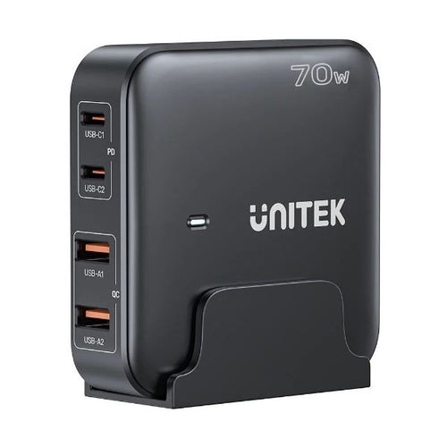 P1228ABK - UNITEK P1228ABK - 70W Desktop GaN Charging Station 2x USB-C PD Ports & 2x USB-A QC3.0 Ports.