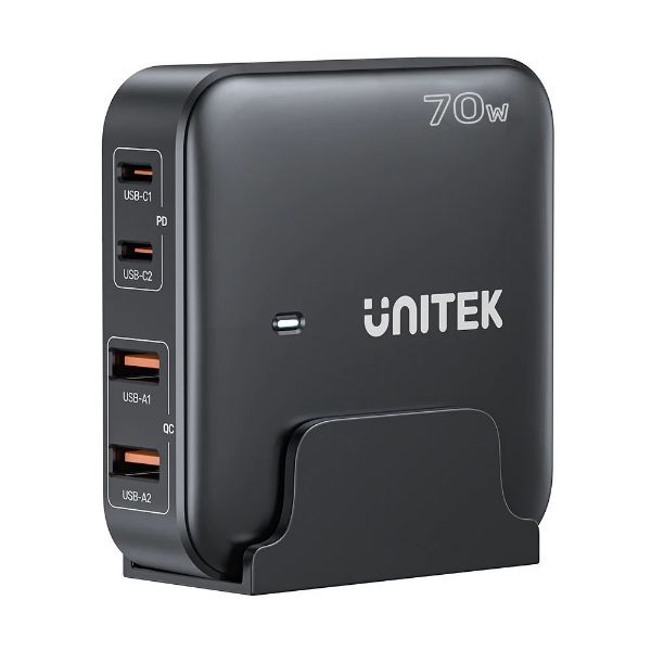 UNITEK P1228ABK - 70W Desktop GaN Charging Station 2x USB-C PD Ports & 2x USB-A QC3.0 Ports.