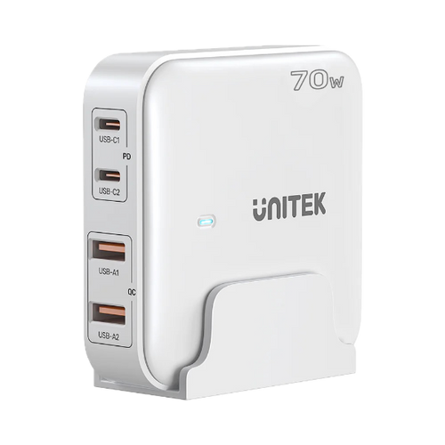 P1228AWH - UNITEK P1228AWH - 70W Desktop GaN Charging Station 2x USB-C PD Ports & 2x USB-A QC3.0 Ports.
