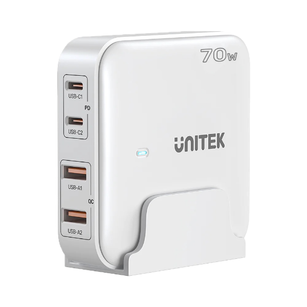 UNITEK P1228AWH - 70W Desktop GaN Charging Station 2x USB-C PD Ports & 2x USB-A QC3.0 Ports.