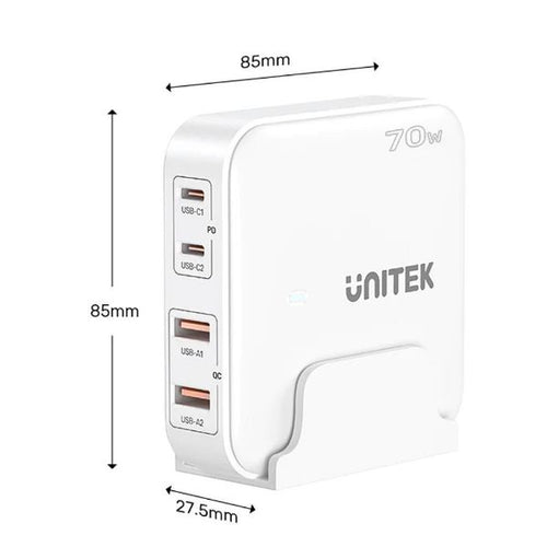 P1228AWH - UNITEK P1228AWH - 70W Desktop GaN Charging Station 2x USB-C PD Ports & 2x USB-A QC3.0 Ports.