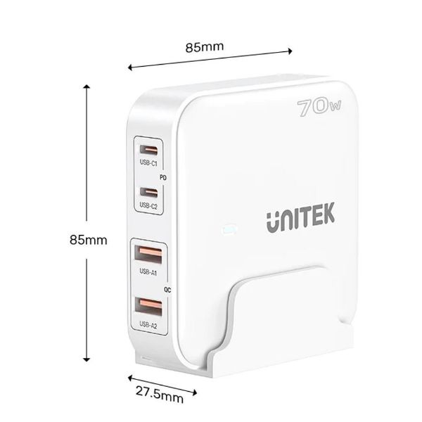 UNITEK P1228AWH - 70W Desktop GaN Charging Station 2x USB-C PD Ports & 2x USB-A QC3.0 Ports.