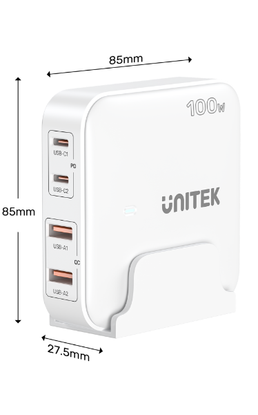 UNITEK P1229AWH - 100W Desktop GaN Charging Station 2x USB-C PD Ports & 2x USB-A QC3.0 Ports.