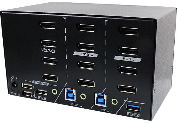 REXTRON PAAG-E3142B - 2 Ports 8K Quad Monitor DisplayPort 1.4 KVM Switch w/ USB 3.2 Gen 1 Audio Hotkey