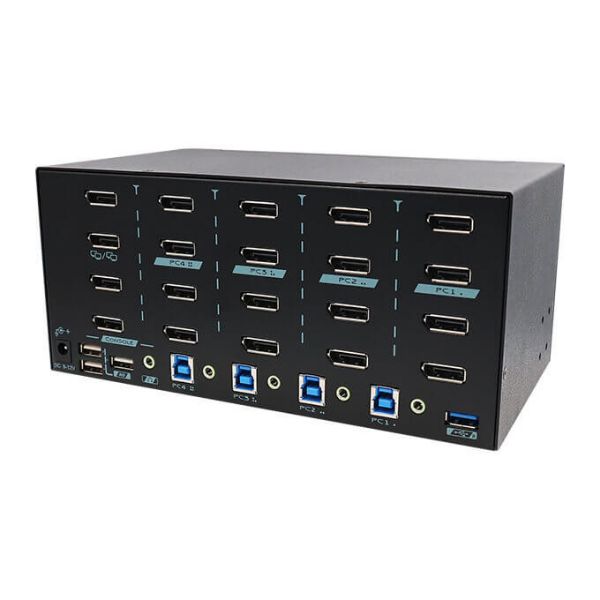 REXTRON PAAG-E3144B - 4 Ports 8K Quad Monitor DisplayPort 1.4 KVM Switch w/ USB 3.2 Gen 1, Hotkey Control